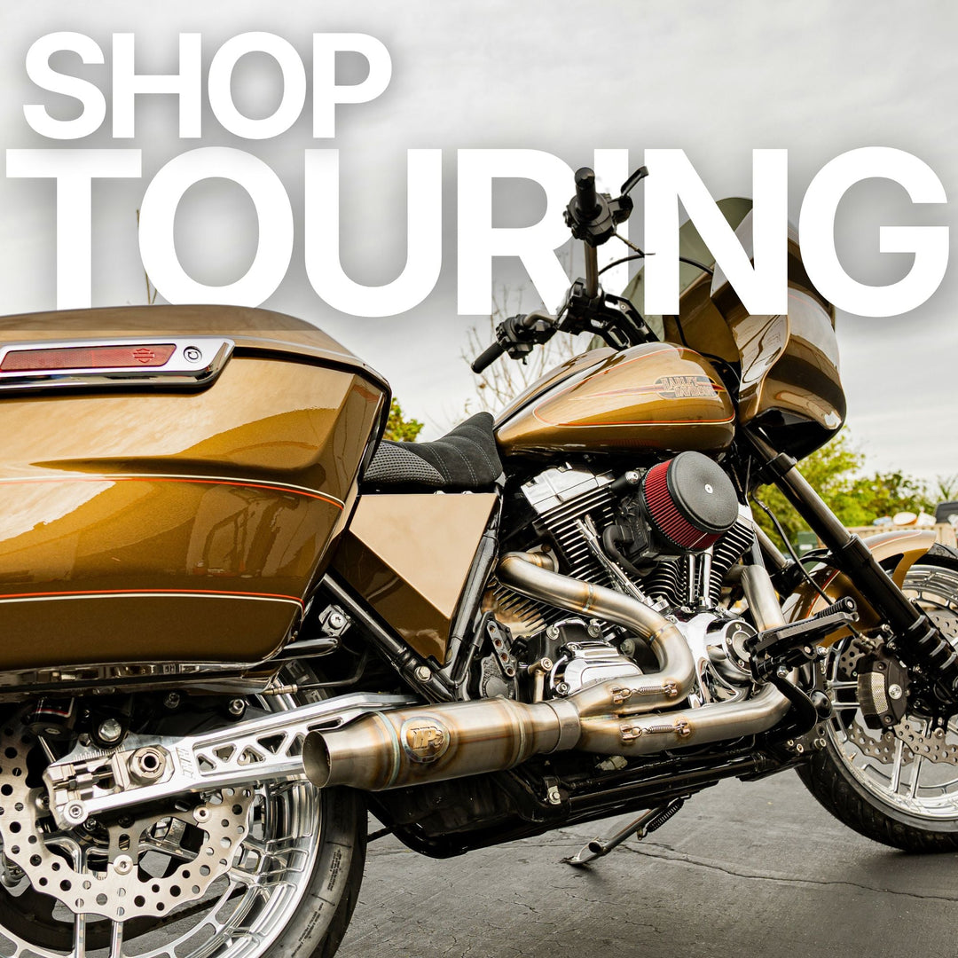 Harley Davidson Road Kings with RWD Fairing and words that say SHOP TOURING