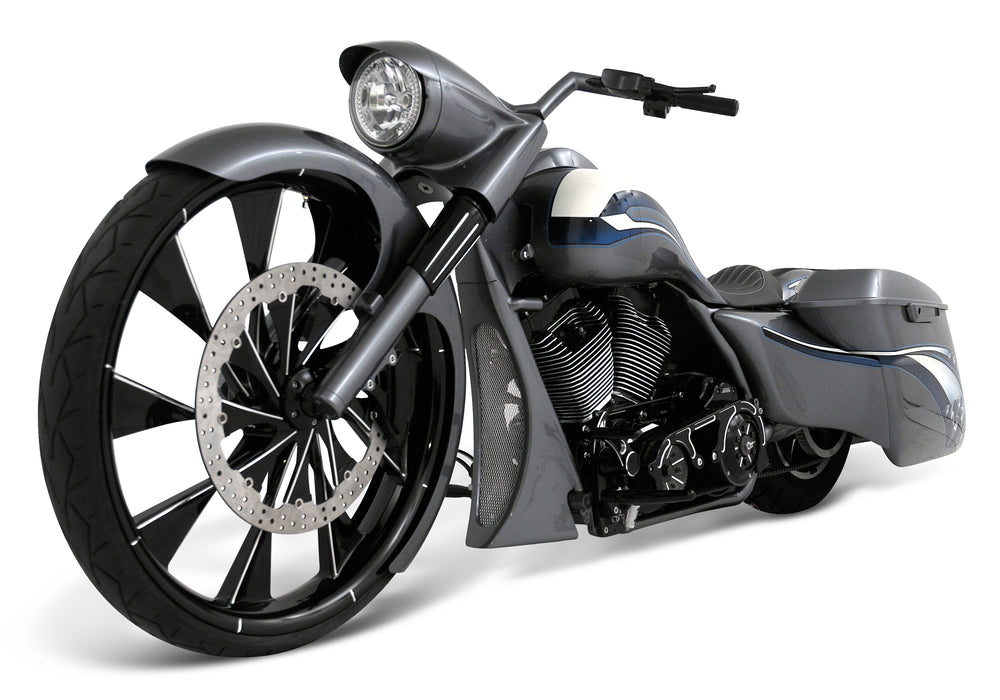 A custom Harley Davidson motorcycle in dark grey parked on a white background