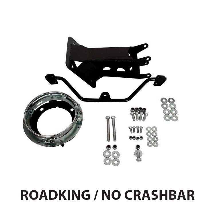A collection of RWD V-Twin motorcycle parts, including a black mounting bracket, a chrome headlight bucket, and various bolts, nuts, and washers, all laid out on a white background.