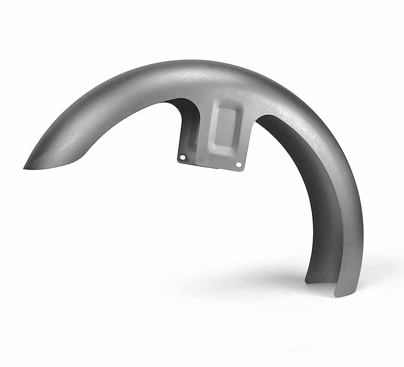 RWD V-Twin raw metal front fender, unpainted, with visible mounting points, designed for motorcycles.